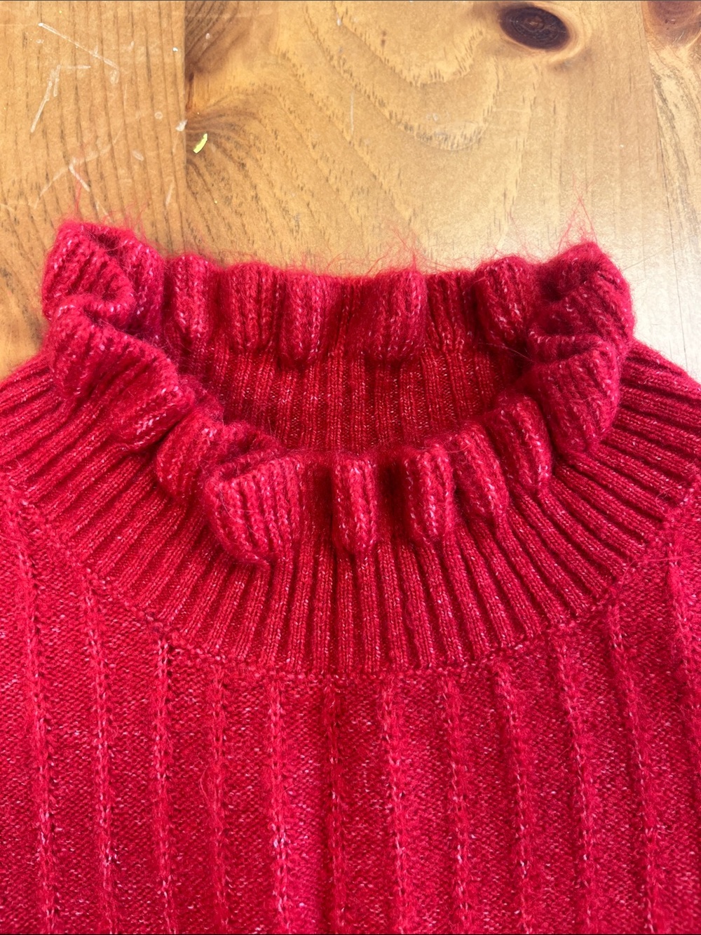 LOFT Red Ribbed Ruffle Mock Neck Sweater - Picture 3 of 9